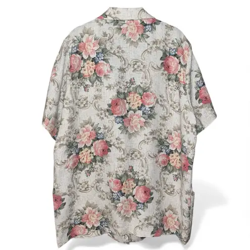 Vintage Joanna Floral Linen Short Sleeve Blazer Jacket Tan Size 2X