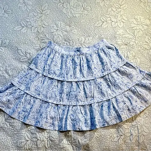 Soft Surroundings Linen Blend Tiered Ruffle Skirt – Blue Floral Paisley Sz M 💚