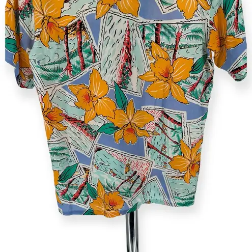 Diane Von Furstenberg Y2K  Tropical Postcard Print Short Sleeve Button Down sz 8