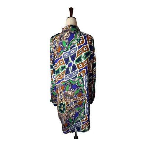 Joy Joy Dress Women Medium Blue Green Abstract Long Sleeve Ruffle Neck Mini