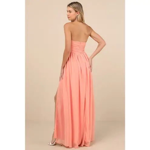 Lulus NWT  Luxe Favorite Peach Pink Strapless Ruched Maxi Dress Bridesmaid Size M