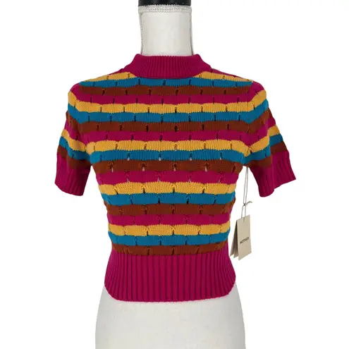 Mother The Mock 10 Laser Beam Striped Short Sleeve Sweater Pink Size XS