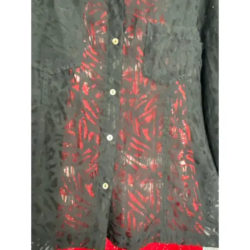 Black Sheer Patterned Button Down Blouse 3/4 Sleeve Floral Overlay Shirt Size L