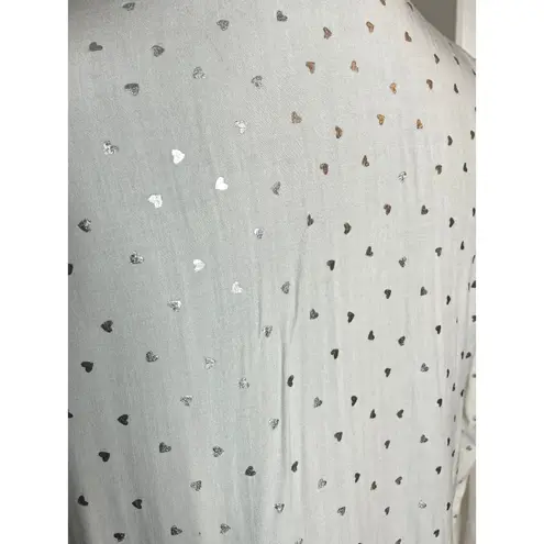 Solitaire Long Sleeve Foil Hearts Button Front White Blouse Roll Tab Sleeve Sm