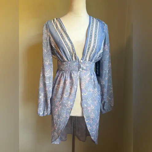 Derek Heart  Blue pink Floral Sheer Tunic boho cottage core romantic medium‎