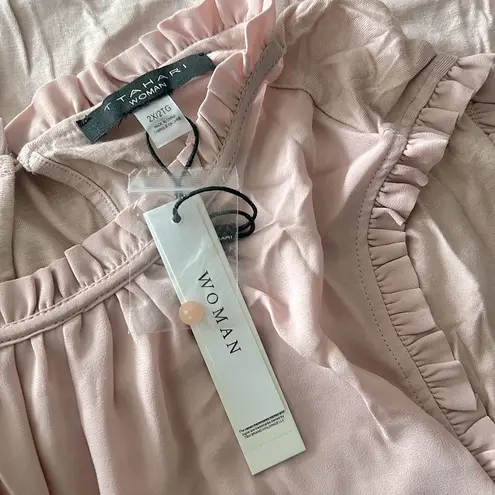 T Tahari Ruffle Mock Neck Double Fabric Sided Blouse in Blush Pink, Plus Size 2X