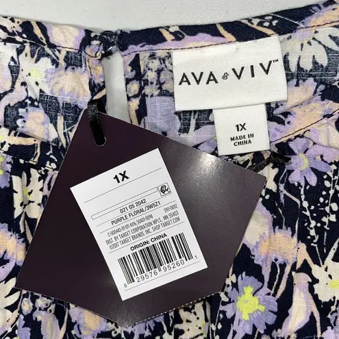 Ava & Viv  NWT Size 1X Navy Blue & Purple Floral Print Cotton Peasant Shirt Top