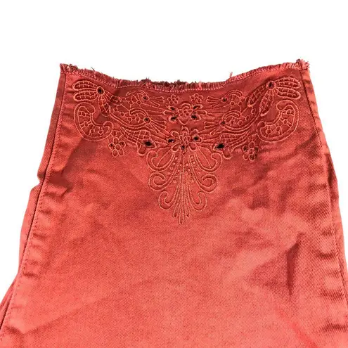 Avenue Womens Capri Crop Jeans Embroidered Raw Hem Stretch Waist Red Orange 26 Size undefined
