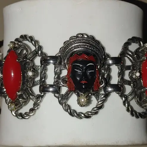 Vintage Selro Selini Bracelet MCM Red Black Enamel Lady Princess Faces Large