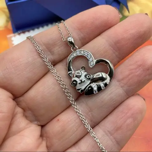 Raccoon In Heart Sterling Silver CZ Necklace Silver