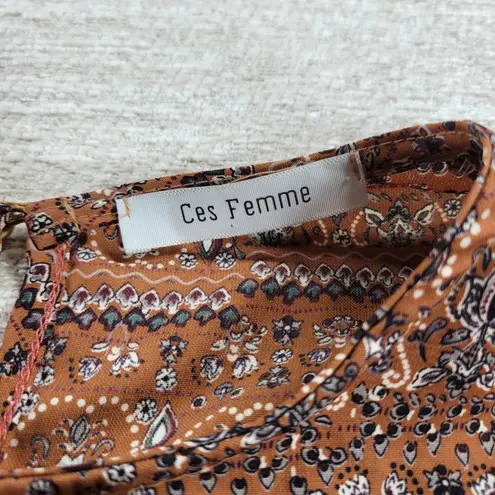 Ces Femme Boho Patchwork Print Long Sleeve Peasant Tunic Blouse Size S Brown