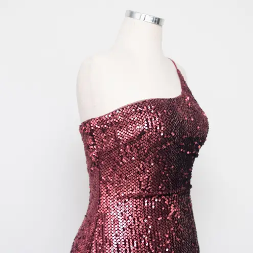 Betsy and Adam One Shoulder Burgundy Sequin Cocktail Dress