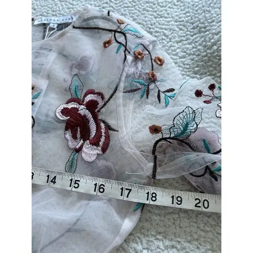 Endless Rose Long Sleeve Round Neck Embroidered Floral Mesh Top Beige/Red Size S
