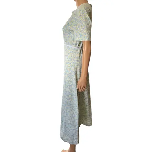 Handmade Vintage 70s Blue White Cottagecore Prairie Preppy Floral Midi Dress Size M