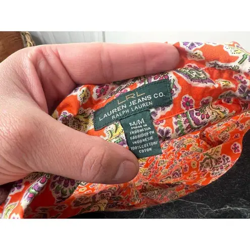 LRL Ralph Lauren Vtg Floral button down top shirt Cotton M Spring Summer Orange Size M