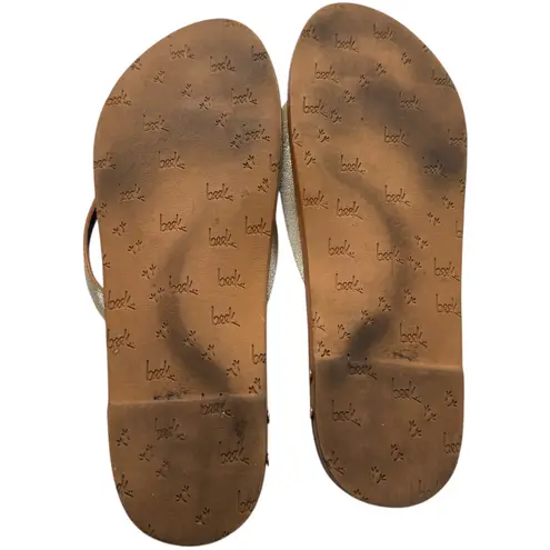 beek + montage Leather Flip Flops Gold Strap Studded Thong Sandals Size 8 Anthro Brown