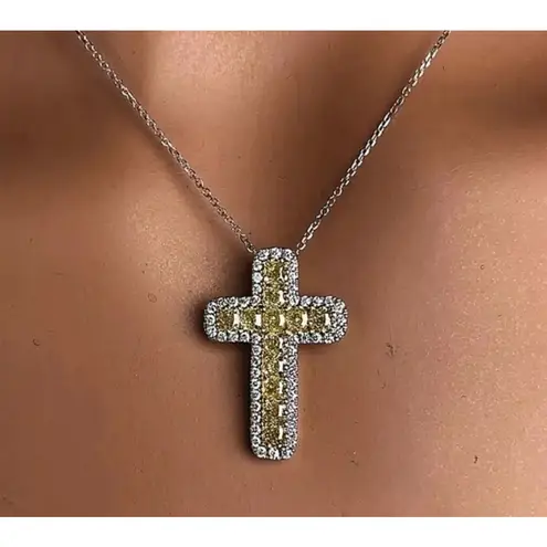 Boutique NEW White Gold Filled Synthetic Diamond Citrine Cross Pendant Necklace, 16-18”