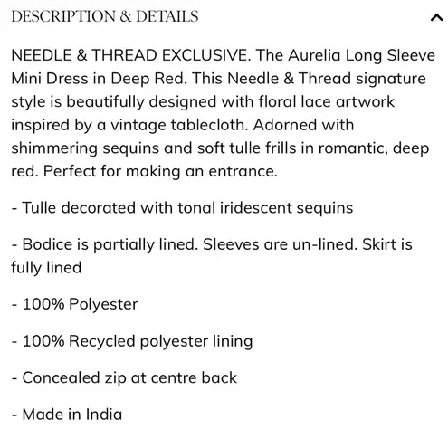 Needle & Thread AURELIA LONG SLEEVE MINI DRESS