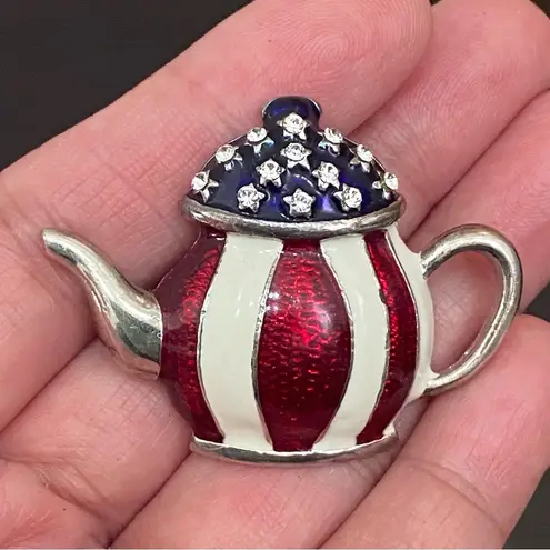 2009 AD Patriotic July 4th Enameled Tea Kettle Tea Party Brooch