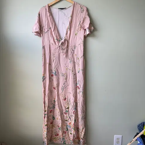 Zara Woman Pink Floral Maxi Dress Tie Front Flutter Sleeve Slit Medium