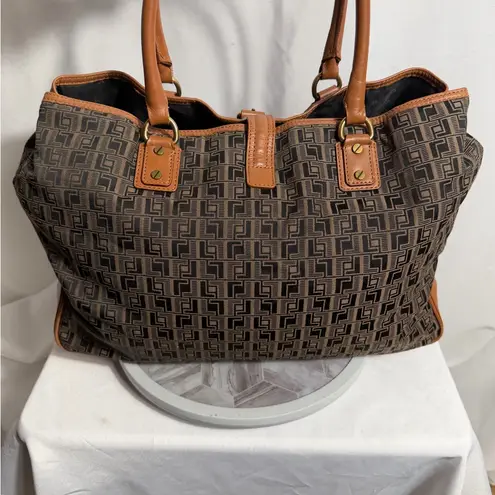 L.A.M.B. Large Monogram Canvas Tote Brown Tan Leather Trim Shoulder Bag