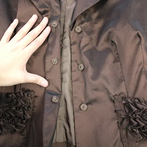 Cachet Womens 8 Satin Metallic Blazer Jacket Ruffled Preppy Edgy Whimsygoth Brown