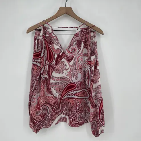 Soho New York & Company Jeans Cold Shoulder Paisley Print V Neck Blouse XS Red