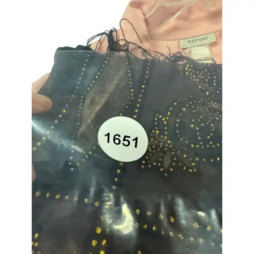 Natori Black Scarf Print Fabric with Gold Accents Fringed Vintage Style