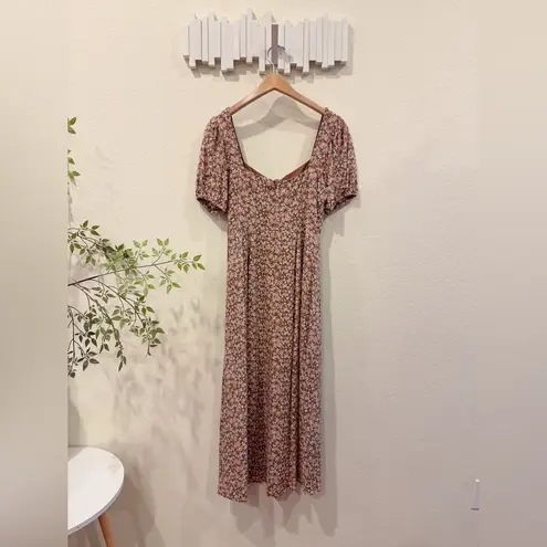 ASTR  Lace Up Puff Sleeve Midi Dress in Brown Floral Size Small NWT