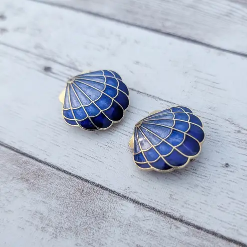 Vintage Clip On Earrings Blue Shell Beach Theme
