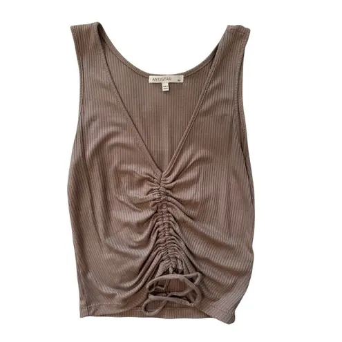 Antistar Women’s Ribbed Tank Top M Brown Ruched Drawstring V-Neck Stretchy Y2K