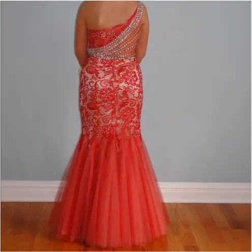 Panoply 44236 Prom Dress Women Size 12 Lace Overlay Tulle Trumpet Mermaid Glam