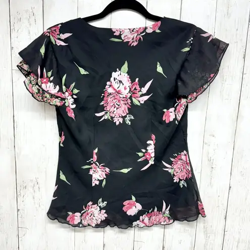 AGB Byer Collection Top Women Size Small Deep V Neck Floral Short Sleeve Blouse Black
