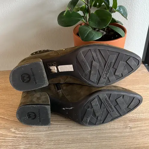 Wonders Olive Suede Studded Block Chunky Heel Boots, 6.5 Green