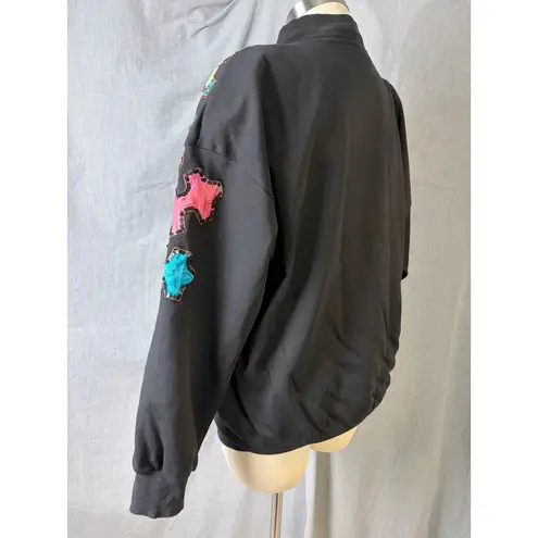 Vintage Gantos Hong Kong Puzzle Piece Appliqué Bomber Jacket 100% Cotton L Black Size M