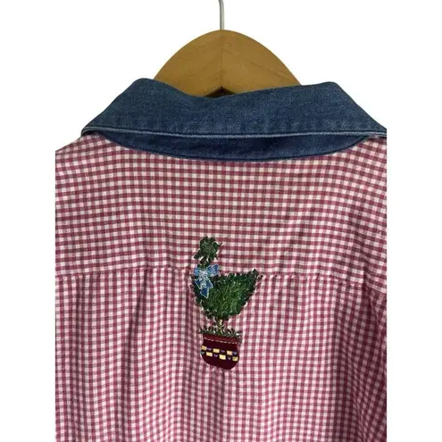 Quacker Factory Rose Red Gingham Button Shirt Denim Plants 1X Spring Top Checks