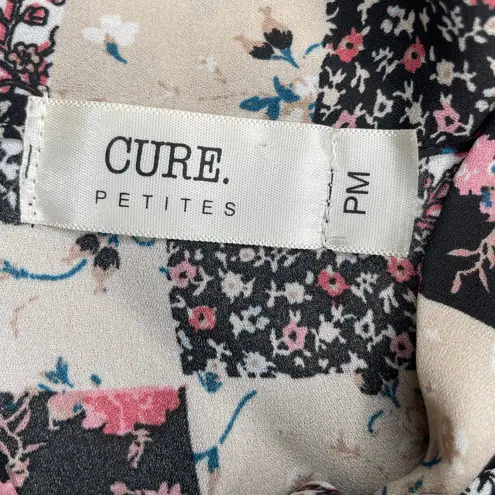 Cure. Petites Women's Floral Colorblock Lace Illusion Tie Neck Blouse Top PM Black Size undefined