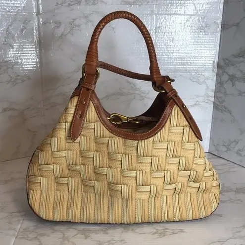 Cole Haan  GENEVIEVE Triangle Leather & basket Woven Canvas Tote bag purse