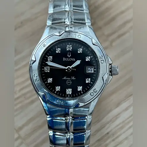 Bulova Marine Star Diamond Ladies Watch Black Pearl Dial Date Stainless Bracelet