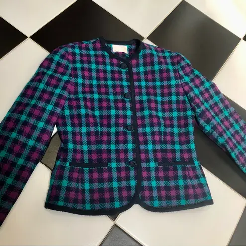 Pendleton Vintage 80s Plaid Cropped Blazer Wool Jacket Blue Purple Teal Black 8