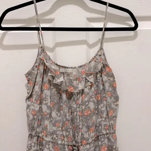 Hinge Gray Floral with Orange Flowers Spaghetti Strap Gathered Waist Silk Dress