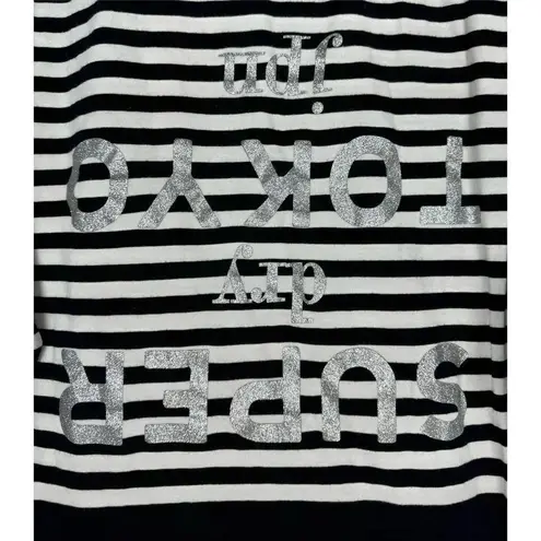 Superdry JPN Nordic Half Sleeve Top S Striped Blue White Glitter Spell Out Logo