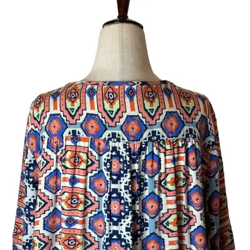 Glam Dress Women Medium Orange Blue Aztec Print V Neckline Long Sleeve Mini