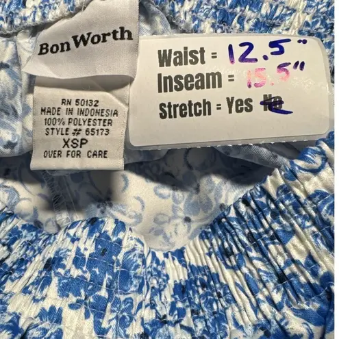 Bon Worth Floral Print Capri Pants Elastic Waist Cropped Blue White XSP