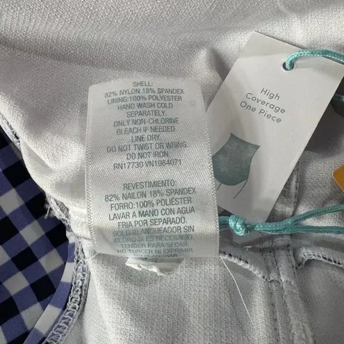 Kona Sol Large (12/14) Swim 1-Piece Ruffled Checked Padded Cup Lined Ruched Blue