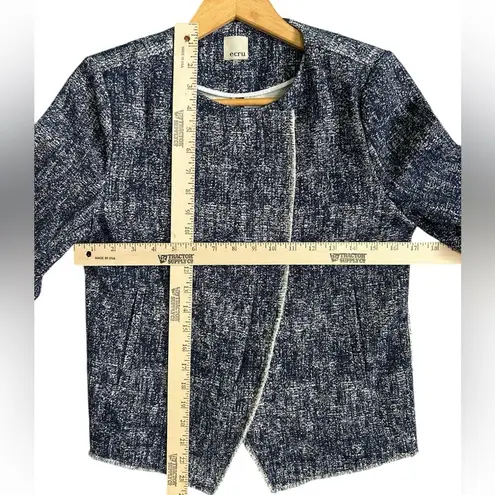 Ecru Women’s Blue Printed Fringe Trim Tweed Jacket Asymmetrical Zip Blazer Small