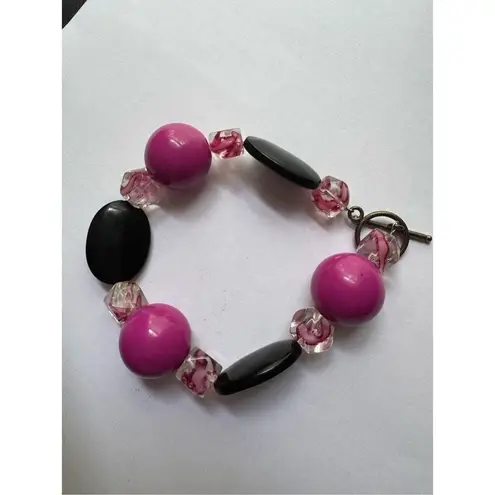 Women's Chunky Pink & Black Round Stretchy Slip On Beaded Bracelet Feminine Glam