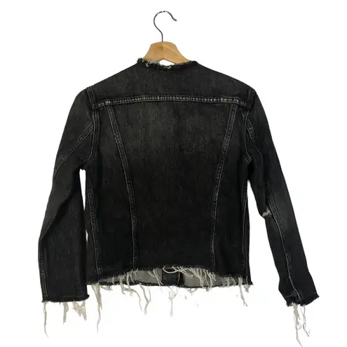 frame denim  Gaven Black Distressed Rigid Hem Denim Jacket XS