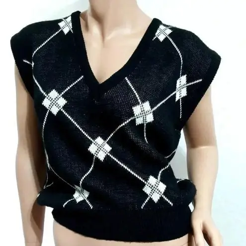 Loubella Vintage 80's Knit Vest Women Size L Diamonds pattern Black White Size L