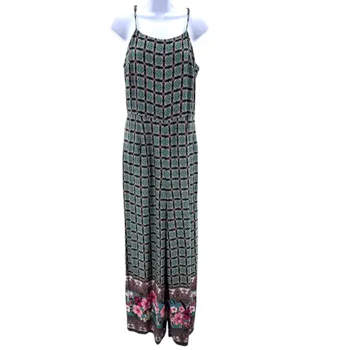 Farm Rio Women's Jumpsuit Green Tile Floral Border Spaghetti Strap Size S